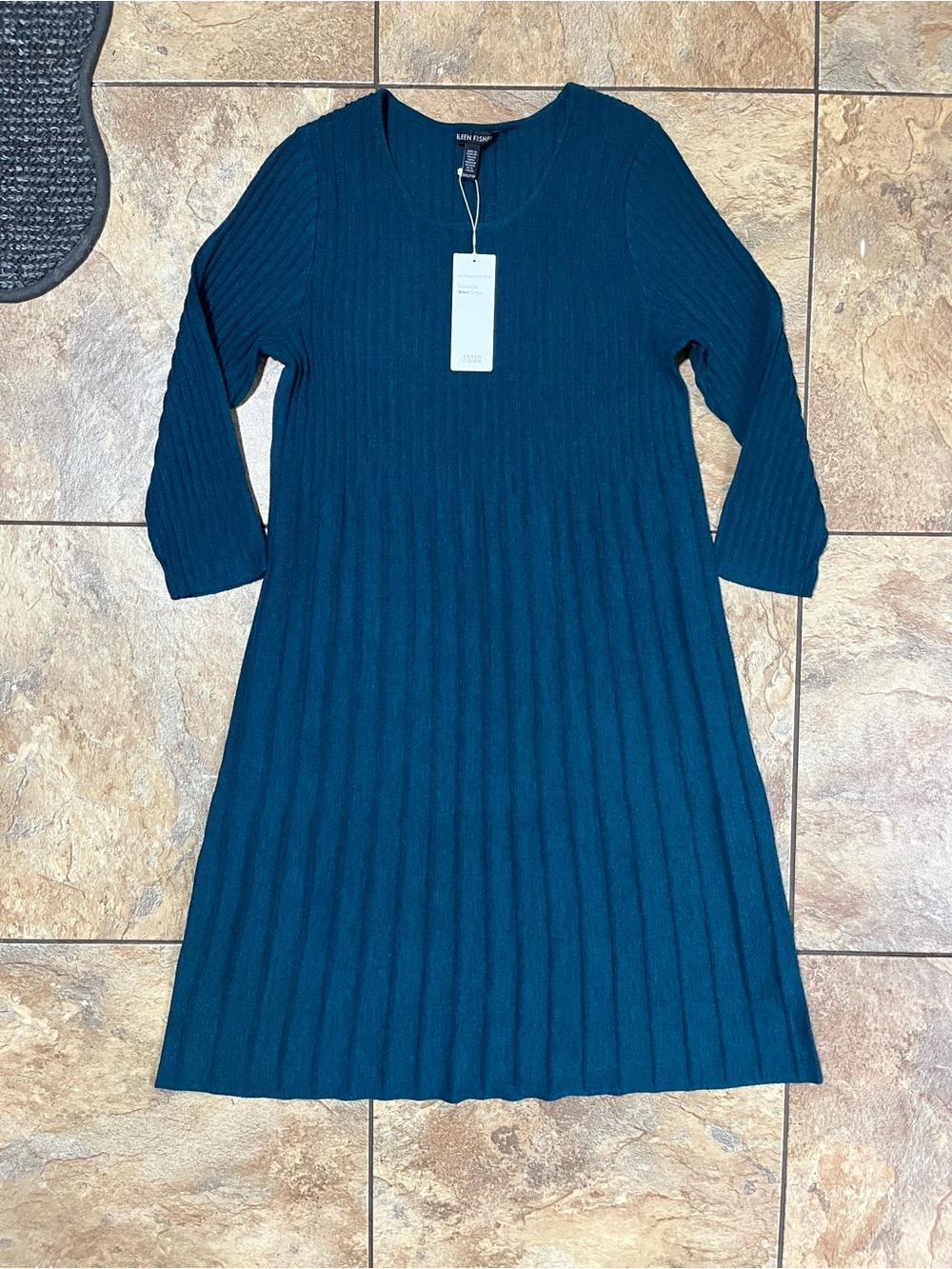 Eileen Fisher Teal Ribbed Long-Sleeve Midi Dress